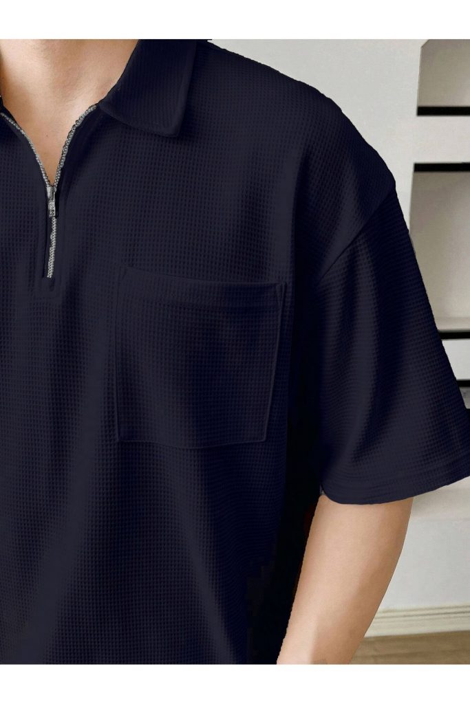 Мужская oversize футболка с поло и вафельной текстурой, 80% хлопок, 20% полиэстер, короткий рукав, с карманом, коллекция лета, размер L — изображение 2