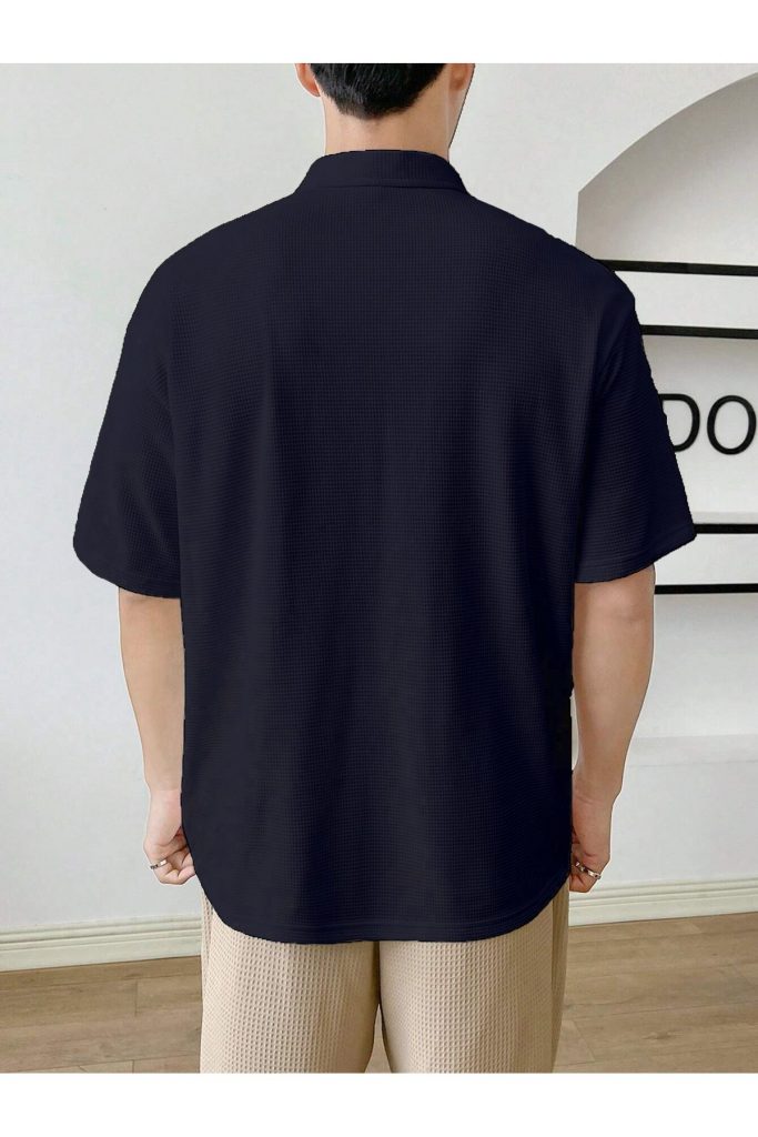 Мужская oversize футболка с поло и вафельной текстурой, 80% хлопок, 20% полиэстер, короткий рукав, с карманом, коллекция лета, размер L — изображение 3