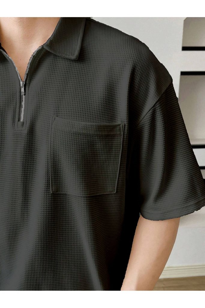 Мужская Oversize футболка с воротником-поло из вафельной ткани, 80% хлопок, 20% полиэстер, карман, летняя коллекция, цвет: фюме — изображение 2