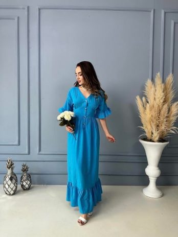 Макси платье синего цвета с деталью корсета, 100% хлопок, тканевое изделие, размер S