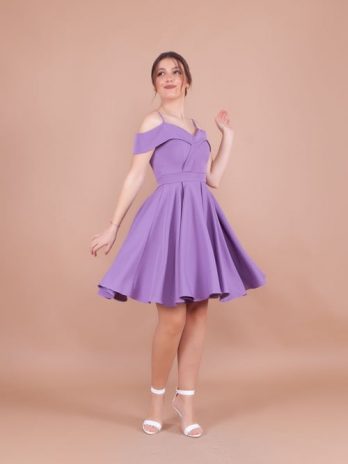 Платье мини с низким плечом и складками для женщин - Лаванда, модель 34(XS), смешанный материал хлопок-полиэстер, эластичное и струящееся