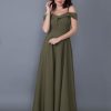 Женственное макси платье с открытыми плечами, клобучного силуэта, цвет хаки, стильный дизайн, удобная ткань, размеры от XS до 7XL — изображение 5
