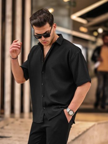 oversize рубашка с коротким рукавом из натурального хлопка черного цвета