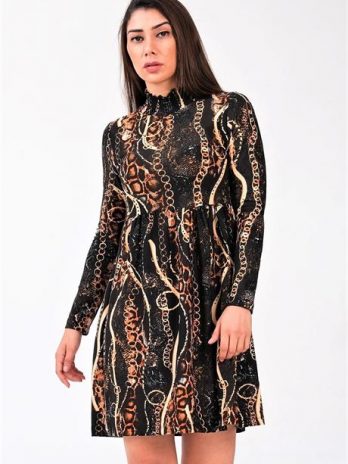 Платье Markano коричневое с цепочным узором, полуполо, длинный рукав, модель S/36, 85 см, состав: 95% полиэстер, 5% эластан.