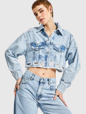 Женская куртка из 100%cotton с рваным деталями, размер 34-42, цвет лазурный снежный