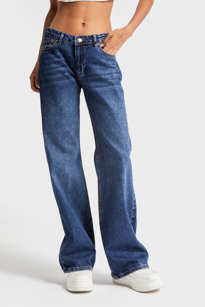 Женские тёмно-синие джинсы baggy flared fit из 100% хлопка, модели 34-42. Стандартная длина для всех размеров, стильный дизайн — изображение 5