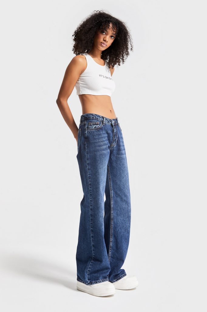 Женские тёмно-синие джинсы baggy flared fit из 100% хлопка, модели 34-42. Стандартная длина для всех размеров, стильный дизайн — изображение 4