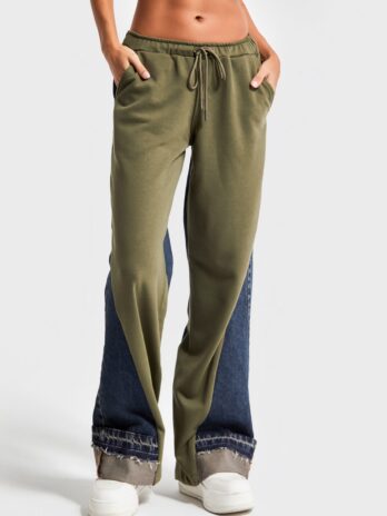 Kadın Haki Renk 2w49 Örme Denim Parçalı Loose Fit Tasarım Pantolon