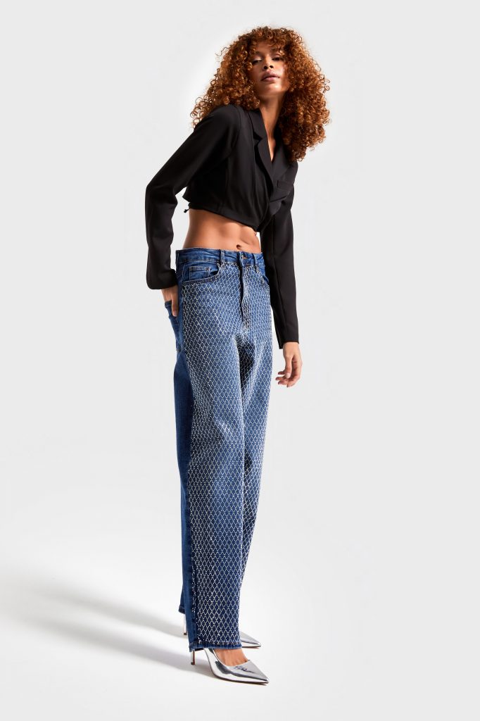 Kadın Mavi Renk t12w45 Önü Parlak Taşlı Skater Fit Tasarım Denim — изображение 3