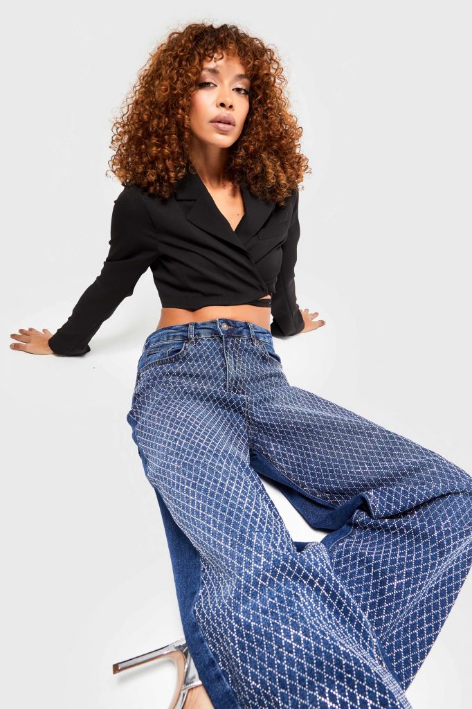 Kadın Mavi Renk t12w45 Önü Parlak Taşlı Skater Fit Tasarım Denim — изображение 2