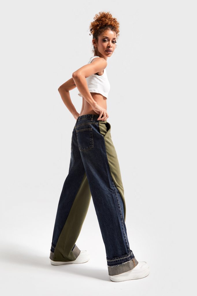 Kadın Haki Renk 2w49 Örme Denim Parçalı Loose Fit Tasarım Pantolon — изображение 5