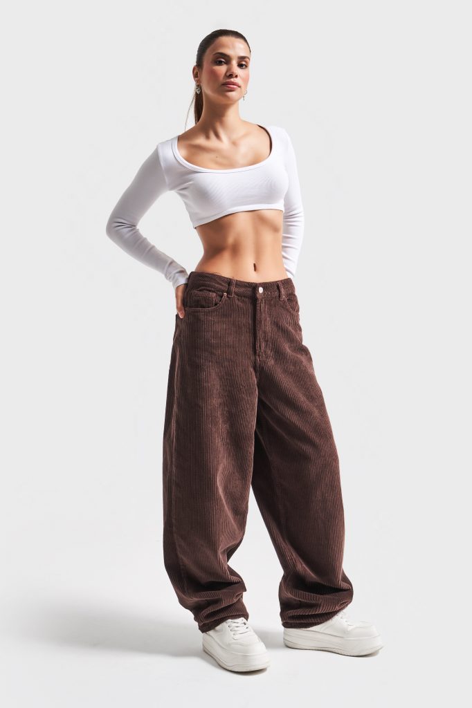 Kadın Kahve Renk 29w416 Kalın Fitilli Skater Fit Kadife Pantolon — изображение 2