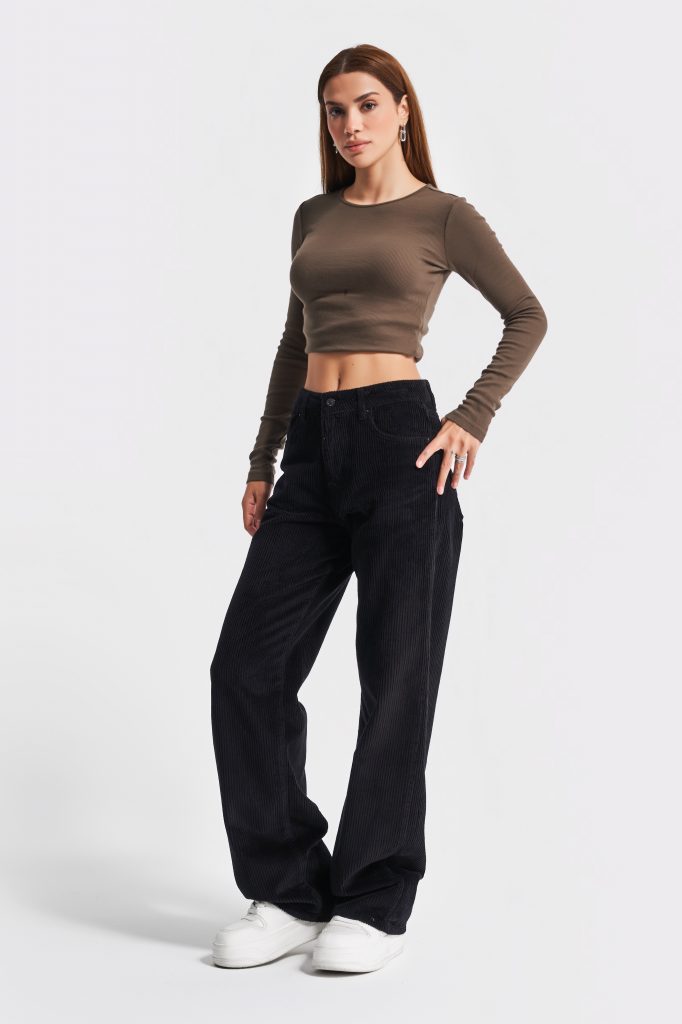 Kadın Siyah Renk Loose Fit Kalın Fitilli Kadife Pantolon — изображение 2