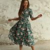 Платье с зеленым фоном и розовыми розами, плиссированное, из 100% хлопка, размеры 36-46