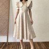 Винтажное кремово-коричневое цветочное платье с большим воротником, 100% хлопок, размеры S-3XL