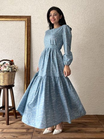 Длинное синее хрустящее платье из поплина, 100% хлопок, комфортное, без потоотделения, размеры S-3XL