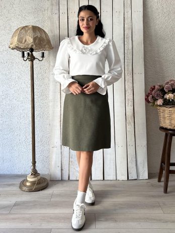 Женская короткая юбка хаки из кашемира, облегающий крой, 55-60 см, 30% шерсти, ручная стирка, модель S, размер 36-46