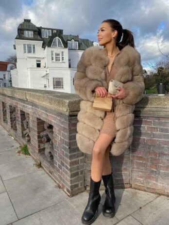 Шуба из лисьего меха с квадратными вставками Gloria(хаки)